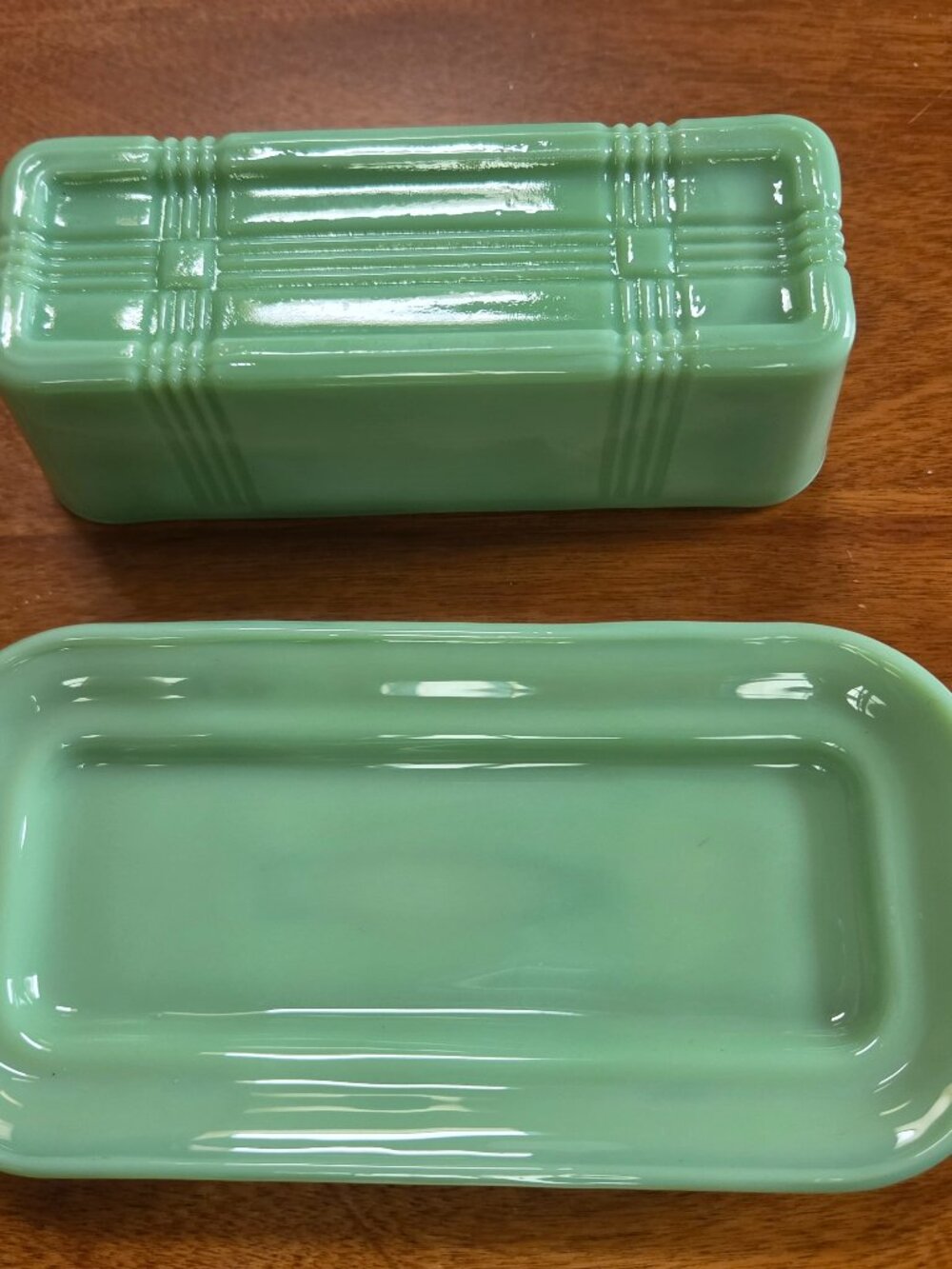 jadeite green glass covered butter dish by tablecraft ribbed pattern